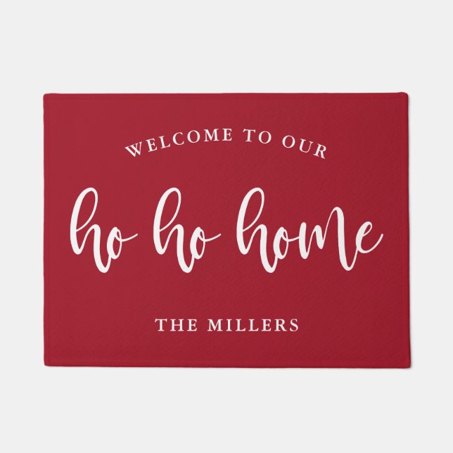 Elegant Red & White Welcome Ho Ho Home Christmas Doormat (Front)