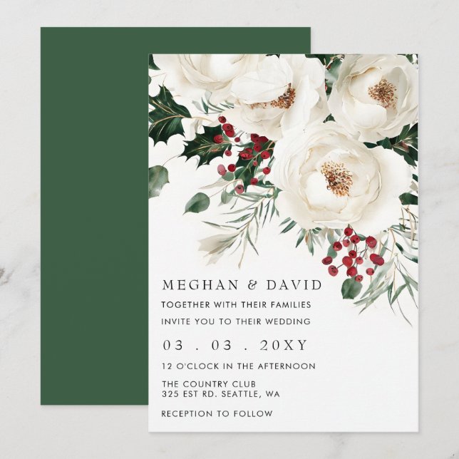 Elegant Red White Winter Christmas Wedding  Invitation (Front/Back)