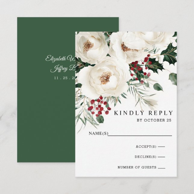 Elegant Red White Winter Christmas Wedding RSVP Card (Front/Back)