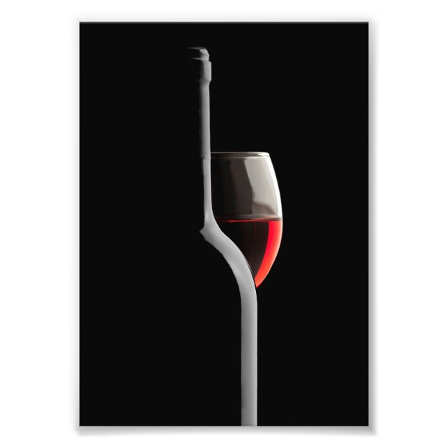 Elegant Red Wine Glass & Bottle. Black Background Photo Print (Front)