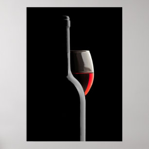 Elegant Red Wine Glass & Bottle. Black Background Poster