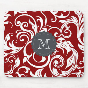 Elegant Red Wine Monogram Floral Wallpaper Mouse Mat