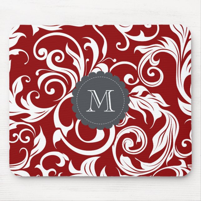 Elegant Red Wine Monogram Floral Wallpaper Mouse Mat (Front)