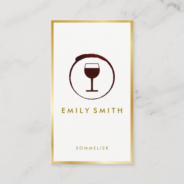 Elegant Red Wine Stain Wine Glass Faux Gold Border Business Card (Front)