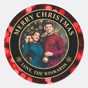 Elegant Red Winter Bokeh Family Merry Christmas Classic Round Sticker