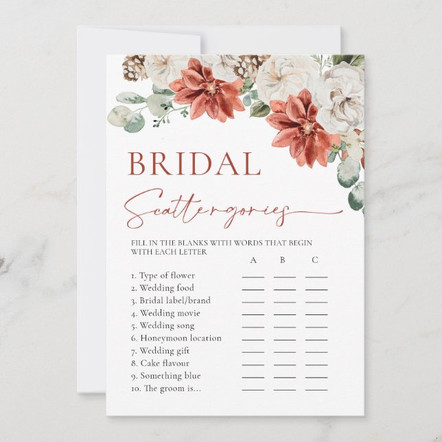 Elegant Red Winter Bridal Shower Scattegories Game Invitation (Front)