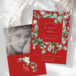 Elegant Red Winter Eucalyptus Green Photo Wedding Invitation