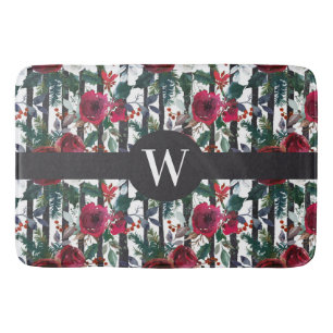 Elegant Red Winter Rose Black Stripe Pattern Bath Mat