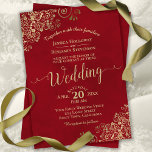 Elegant Red with Gold Frills & Calligraphy Wedding Invitation<br><div class="desc">This beautiful wedding invitation features lacy gold script calligraphy and faux foil curls and swirls on a deep marbled red background. Fancy,  elegant,  stylish and classy,  the lush and glamourous feel of this invite is sure to impress your wedding guests.</div>