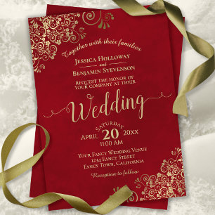 Elegant Red with Gold Frills & Calligraphy Wedding Invitation