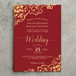 Elegant Red with Gold Frills Calligraphy Wedding Invitation