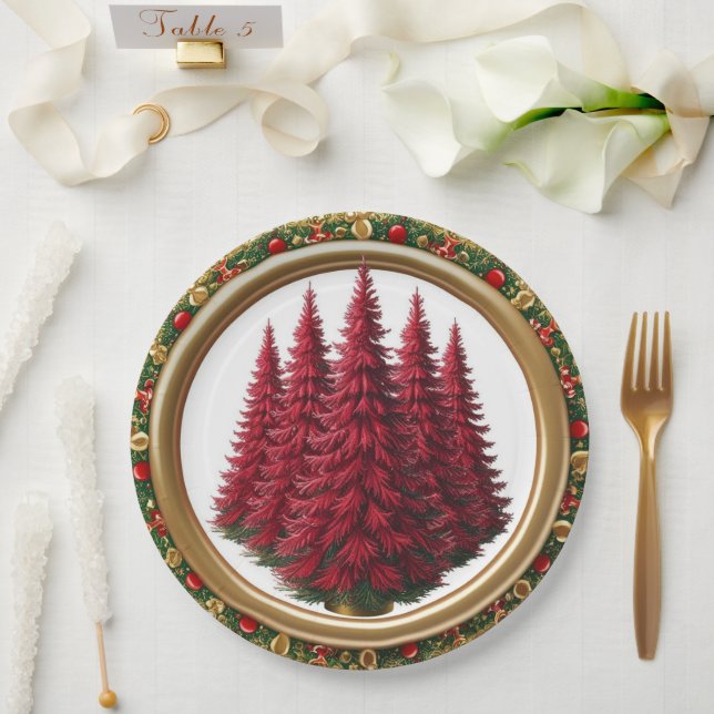 Elegant Red Wreath Berries Gold merry Xmas tree Paper Plate (Wedding)