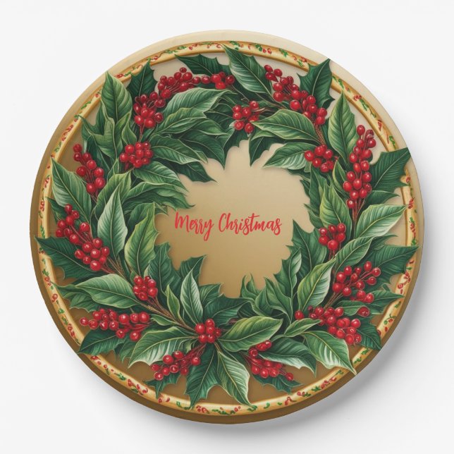 Elegant Red Wreath Holly Berries Christmas Gold me Paper Plate (Front)
