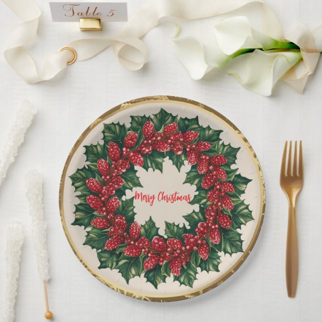 Elegant Red Wreath Holly Berries Christmas Gold me Paper Plate (Wedding)
