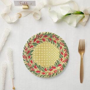 Elegant Red Wreath Holly Berries Christmas Gold Paper Plate