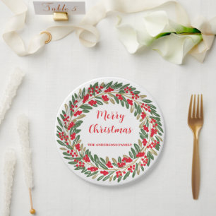 Elegant Red Wreath Holly Berries Christmas Gold  Paper Plate