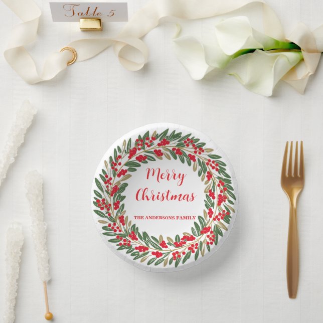 Elegant Red Wreath Holly Berries Christmas Green Paper Plate (Wedding)