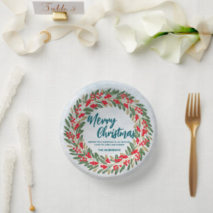 Elegant Red Wreath Holly Berries Gold merry Xmas Paper Plate