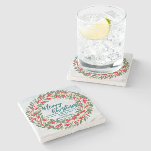 Elegant Red Wreath Holly Berries Gold merry Xmas Stone Coaster