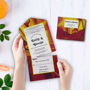 Elegant Red Yellow Abstract Paint Fine Art Wedding All In One Invitation