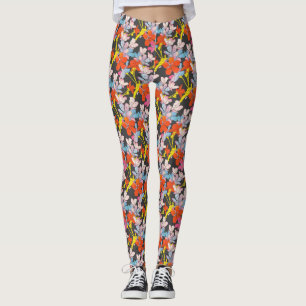 Elegant Red Yellow Blue Pink Flower Black Leggings