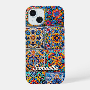 Elegant Red Yellow Mexican Talavera Monogram iPhone 15 Case