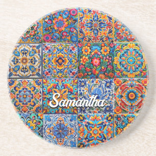 Elegant Red Yellow Mexican Talavera Tile Pattern Coaster