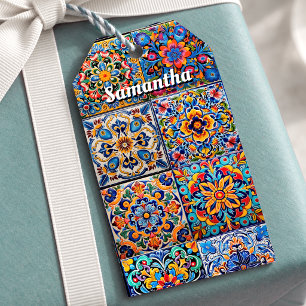 Elegant Red Yellow Mexican Talavera Tiles Monogram Gift Tags