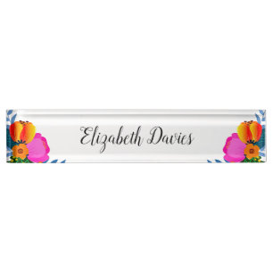 Elegant Red Yellow Pink Fuchsia Flowers Nameplate