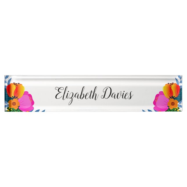 Elegant Red Yellow Pink Fuchsia Flowers Nameplate (Front)