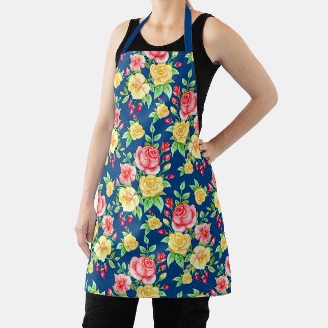 Elegant Red Yellow Rose Floral Pattern Apron (Insitu)