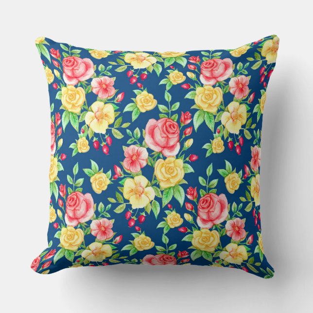 Elegant Red Yellow Rose Floral Pattern Cushion (Front)