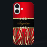Elegant Red Zebra Black Gold iPhone 16 Case<br><div class="desc">Elegant Classy Red Zebra Black Gold Animal Print Girly. Faux Diamond Jewel Add Name Initials Glitter (Be advised that image will appear darker on Case)  Fabulous product for Women,  Girls,   Zizzago created this design PLEASE NOTE all flat images! They Do NOT have real Glitter,  Diamonds Jewels or real Bows!!</div>