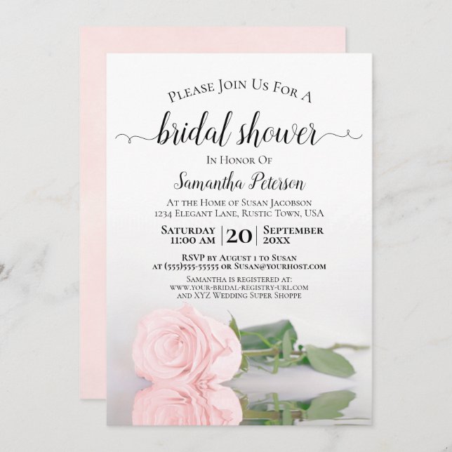 Elegant Reflecting Blush Pink Rose Bridal Shower Invitation (Front/Back)