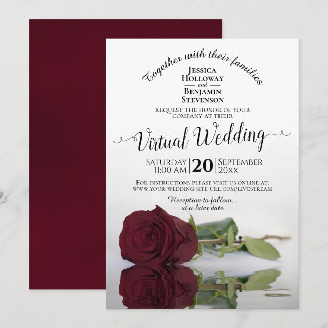Elegant Reflecting Burgundy Rose Virtual Wedding Invitation (Front/Back)