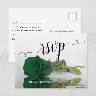 Elegant Reflecting Emerald Green Rose Wedding RSVP Postcard