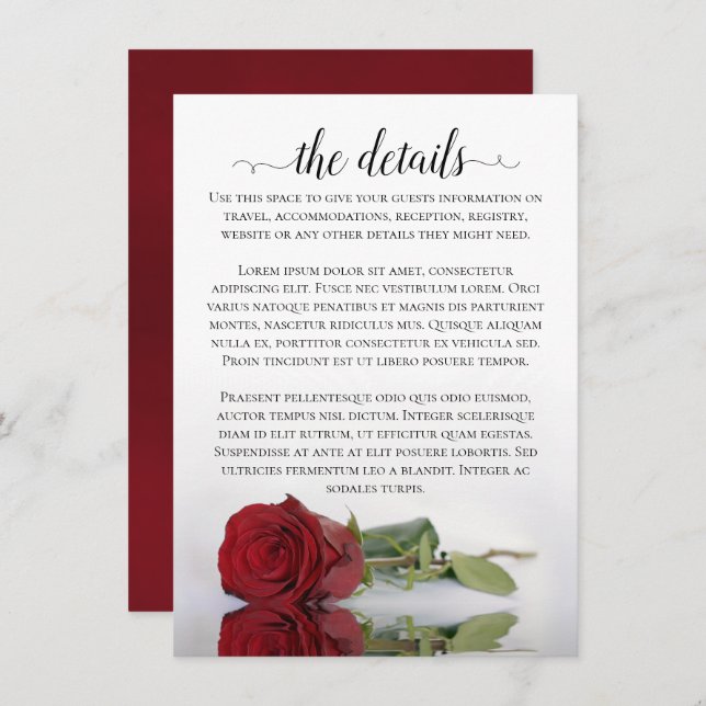 Elegant Reflecting Red Rose Wedding Details Enclosure Card (Front/Back)