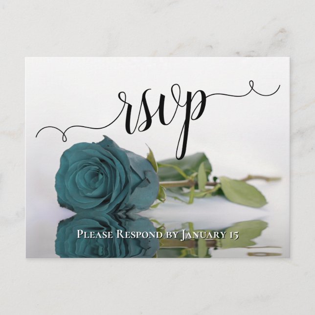 Elegant Reflecting Teal Rose Chic Wedding RSVP Postcard (Front)