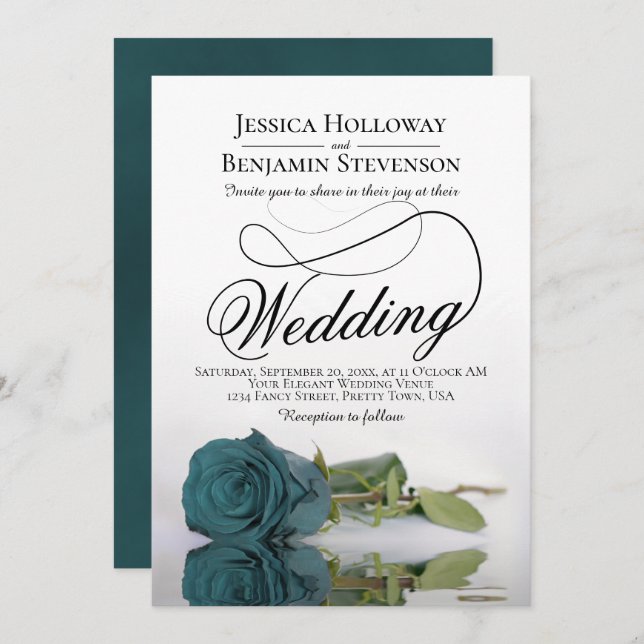 Elegant Reflecting Teal Rose Classy Script Wedding Invitation (Front/Back)