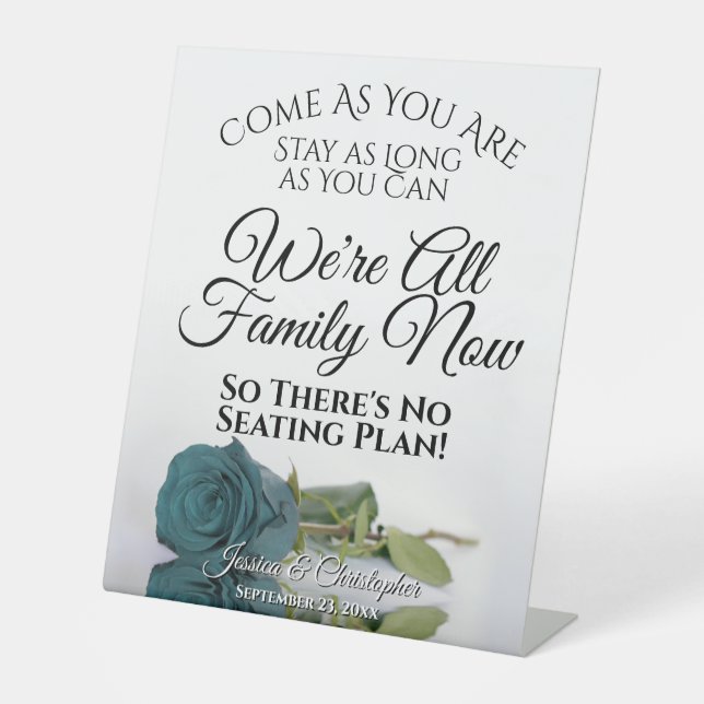 Elegant Reflecting Teal Rose Open Seating Wedding Pedestal Sign (Front)