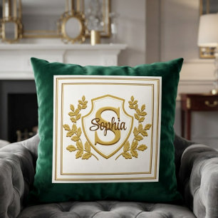 Elegant Regal Emerald Green & Gold Crest Monogram Cushion