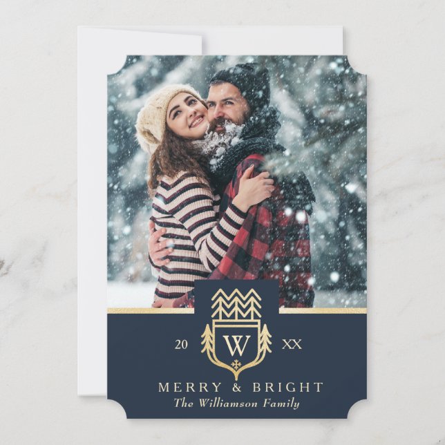 Elegant & Regal Family Crest Gold & Navy Photo Holiday Card (Front)
