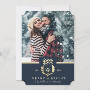 Elegant & Regal Family Crest Gold & Navy Photo Holiday Card