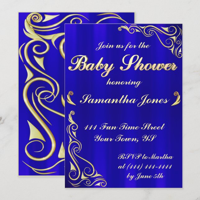 Elegant Regal Golden Royal Blue Baby Shower Invitation (Front/Back)