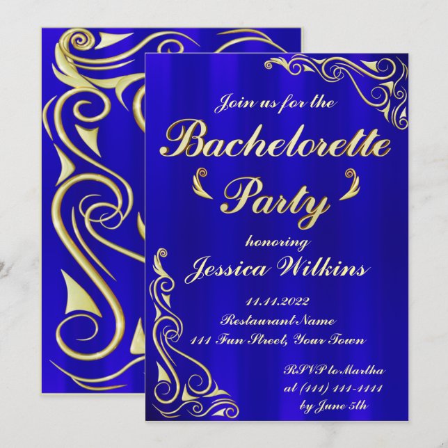 Elegant Regal Golden Royal Blue Bachelorette Party Invitation (Front/Back)
