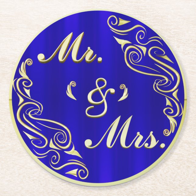 Elegant Regal Golden Typography MR & MRS Wedding Round Paper Coaster (Front)