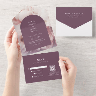 Elegant Regal Purple Peonies Arch QR Code Wedding All In One Invitation