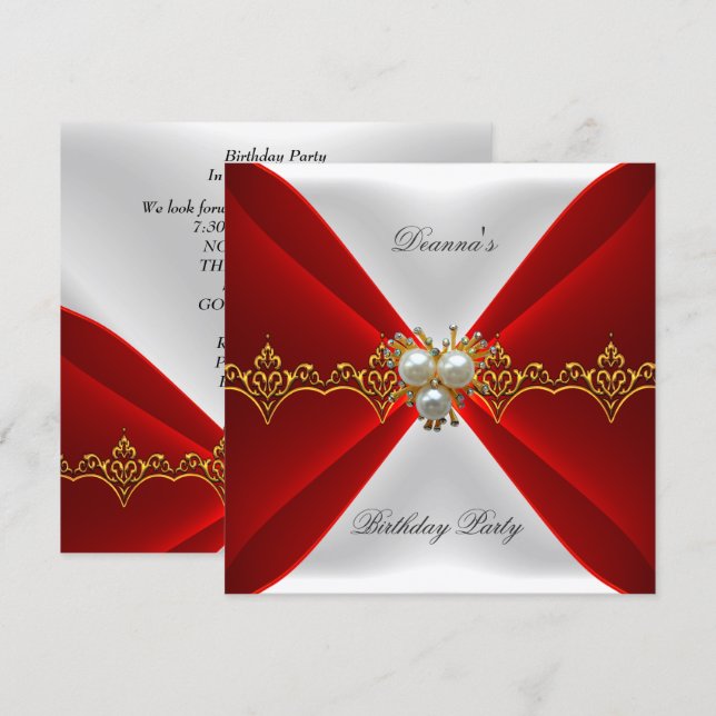 Elegant Regal Red Birthday Gold Jewel White Silk Invitation (Front/Back)