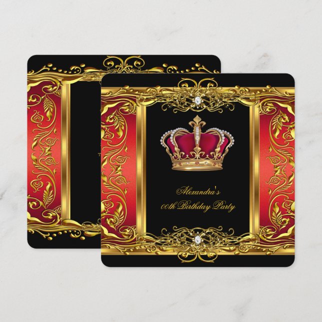 Elegant Regal Red Black Gold Queen Birthday 3 Invitation (Front/Back)