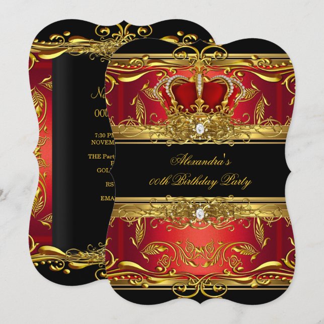 Elegant Regal Red Black Gold Queen Birthday Party Invitation (Front/Back)